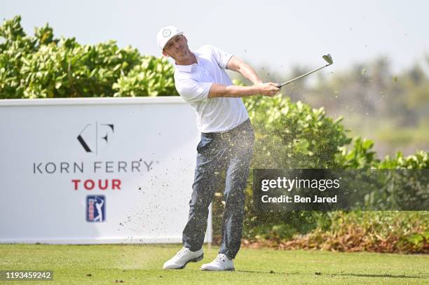 Will Wilcox hits a shot on the 13th tee during the first round of the Korn Ferry Tour's The Bahamas Great Exuma Classic at Sandals Emerald Bay golf...