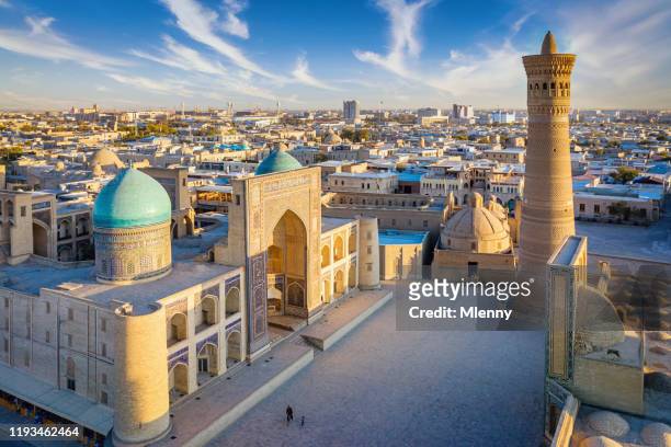 bukhara poi kalon complex aerial view minaret in uzbekistan - uzbekistan stock pictures, royalty-free photos & images