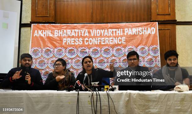 Rahul Chaudhary , Valentina Brahma , Nidhi Tripathi , Sidharth Yadav and Manish Jangid address the media during over the violence at JNU on January...