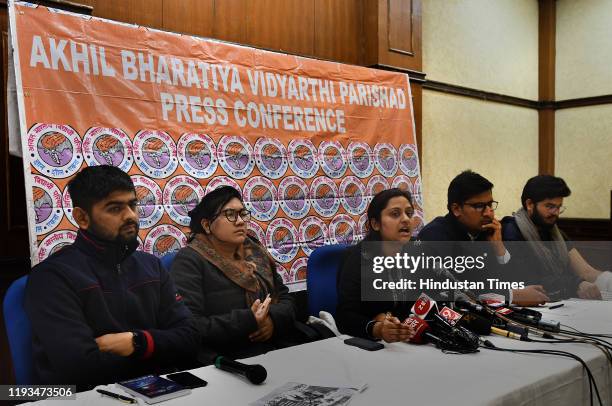 Rahul Chaudhary , Valentina Brahma , Nidhi Tripathi , Sidharth Yadav and Manish Jangid address the media during over the violence at JNU on January...