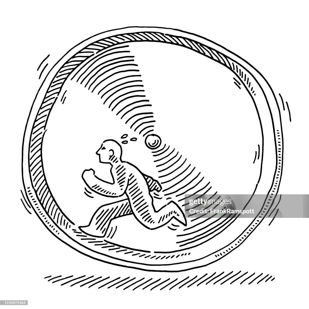 Human Figure Running In Hamster Wheel Drawing