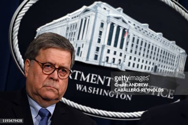 Attorney General, William Barr holds a press conference, regarding the December 2019 shooting at the Pensacola Naval air station in Florida, at the...