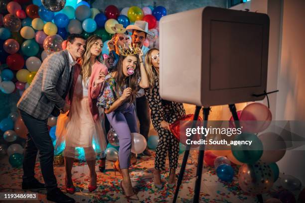 friends group photo at the party - photobooth stock pictures, royalty-free photos & images