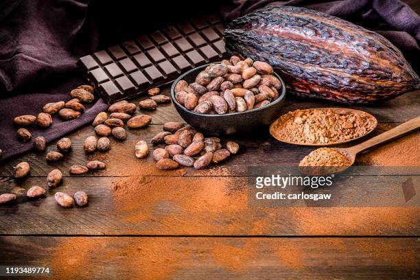 chocoladereep, cacaopoeder, cacaobonen en cacaoschil met kopieer ruimte - cacao pod stockfoto's en -beelden