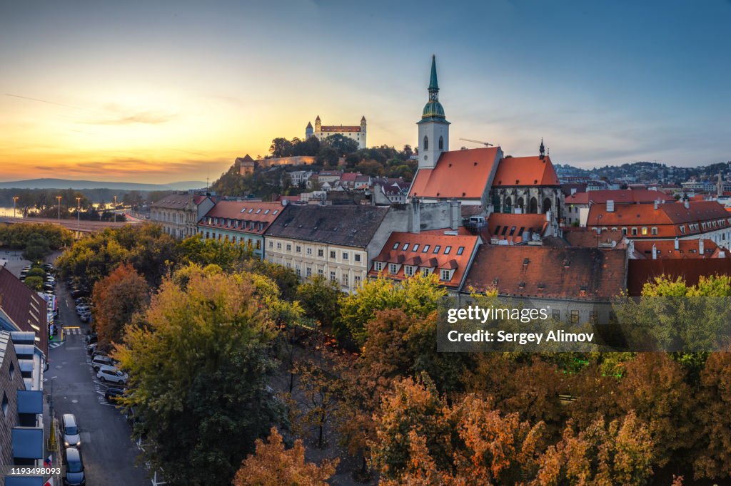 Evening dawn over Bratislava castle and old town district