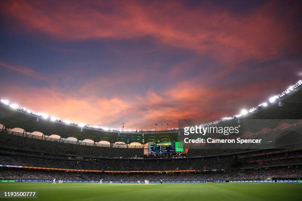 General view at sunset during day one of the First Test match between Australia and New Zealand at Optus Stadium on December 12, 2019 in Perth,...