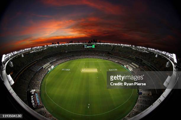 General view of the sunset during the first day night test match in Perth day one of the First Test match between Australia and New Zealand at Optus...
