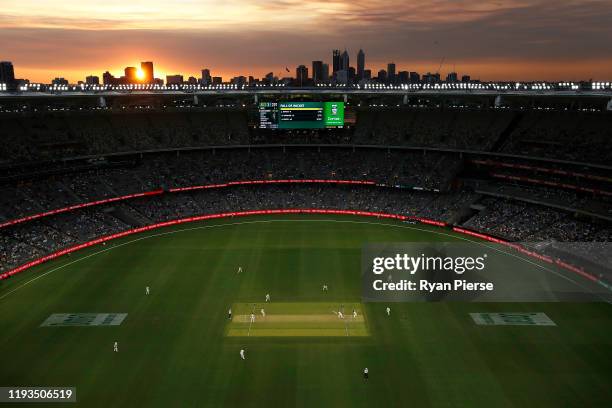 General view of the sunset during the first day night test match in Perth day one of the First Test match between Australia and New Zealand at Optus...