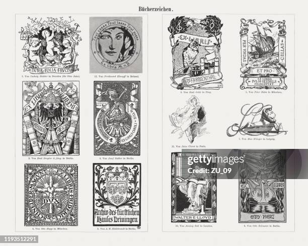 ilustrações, clipart, desenhos animados e ícones de placas de livros européias históricas (exlibris), gravuras de madeira, publicadas em 1900 - ex líbris