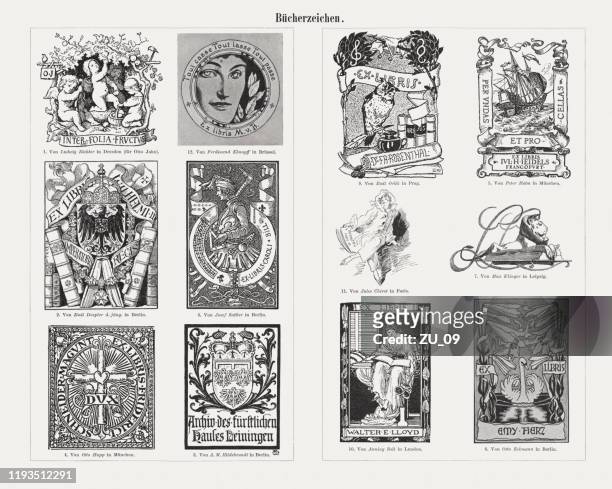 historical european bookplates (exlibris), wood engravings, published in 1900 - literature stock illustrations