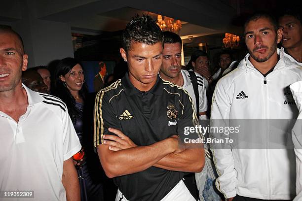 French soccer player Zinedine Zidane, Cristiano Ronaldo, and Karim Benzema attend Three Time World Club Champions Real Madrid CF Meet & Greet...