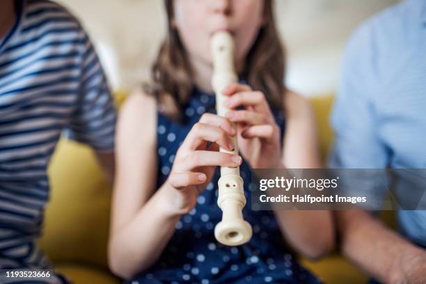 midsection of small girl with grandparents sitting indoors on sofa, playing recorder. - リコーダー ストッ�クフォトと画像