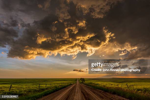 dirt road runs into the sunset with storm clouds, montana. usa - montana moody sky stock pictures, royalty-free photos & images