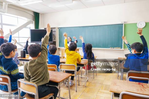 一組學童舉手時的後視圖 - 小學生 個照片及圖片檔