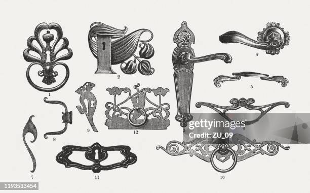 doorknobs and furniture fittings, art nouveau period, wood engravings, 1900 - doorknob stock illustrations