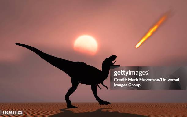 carnivorous t.rex looking at falling asteroid - dinosaur asteroid stock illustrations