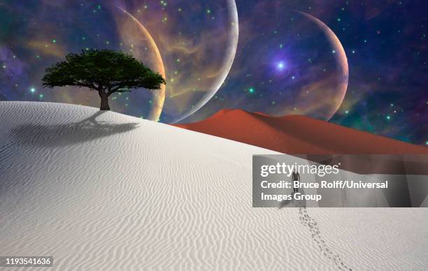 stockillustraties, clipart, cartoons en iconen met white desert on alien planet. green tree and figure of a man in a distance - sand dune