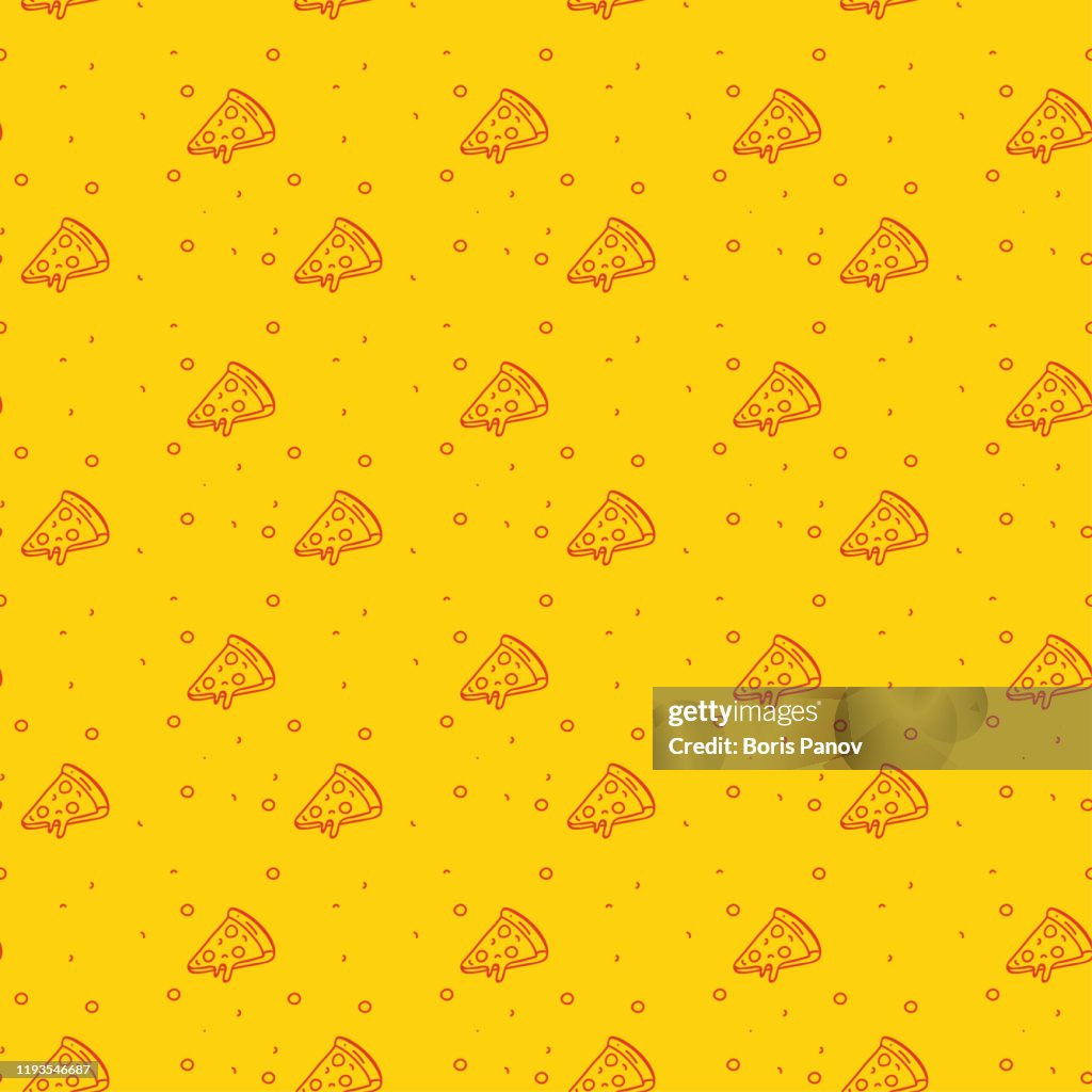 Patrón divertido y moderno sin costuras de una pizza sobre un fondo de color naranja brillante funky