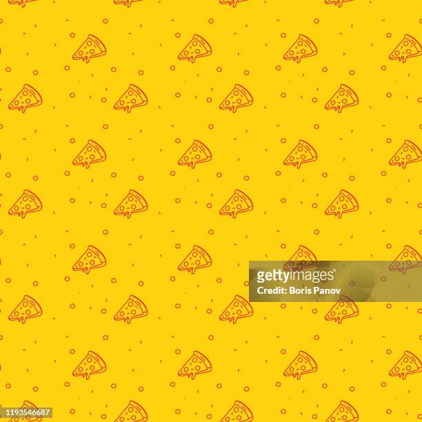 illustrazioni stock, clip art, cartoni animati e icone di tendenza di divertente e moderno motivo senza cuciture di una pizza su uno sfondo funky arancione brillante - graphic print