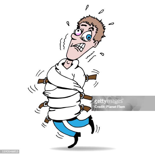 a crazy person in a straitjacket - straight jacket stock illustrations