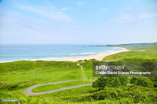a rugged coastal landscape along the causeway coast in antrim, northern ireland - costa caratteristica costiera foto e immagini stock