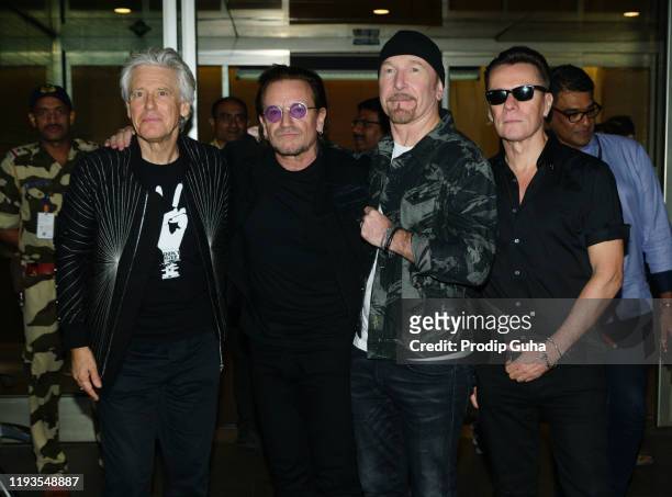 Irish rock band U2 arrived Mumbai internation airport for the "Joshua Tree Tour" on December 12, 2019 in Mumbai, India. U2 band will perform at DY...