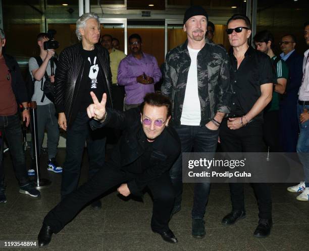 Irish rock band U2 arrived Mumbai internation airport for the "Joshua Tree Tour" on December 12, 2019 in Mumbai, India. U2 band will perform at DY...