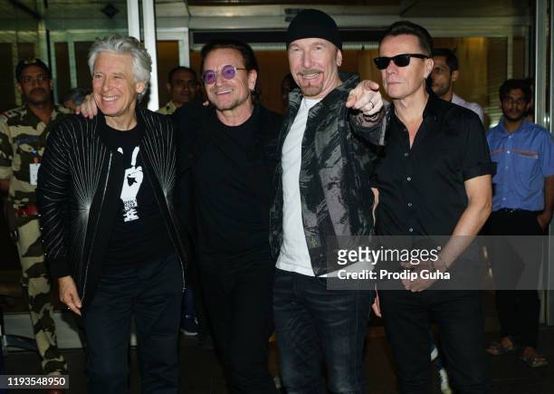 Irish rock band U2 arrived Mumbai internation airport for the "Joshua Tree Tour" on December 12, 2019 in Mumbai, India. U2 band will perform at DY...