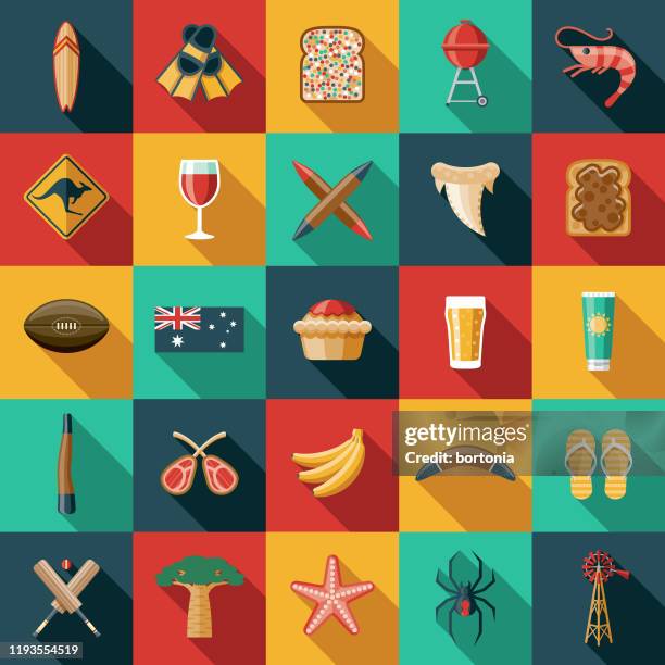 ilustraciones, imágenes clip art, dibujos animados e iconos de stock de conjunto de icones de australia - cultura australiana