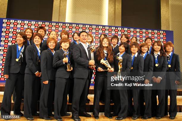 Japan women's football team attend a press conference as the Women's World Cup winners return home, at The Capitol Tokyu Hotel on July 19, 2011 in...