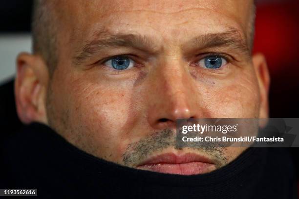 Arsenal coach Fredrik Ljungberg looks on during the UEFA Europa League group F match between Standard Liege and Arsenal FC at Stade Maurice Dufrasne...