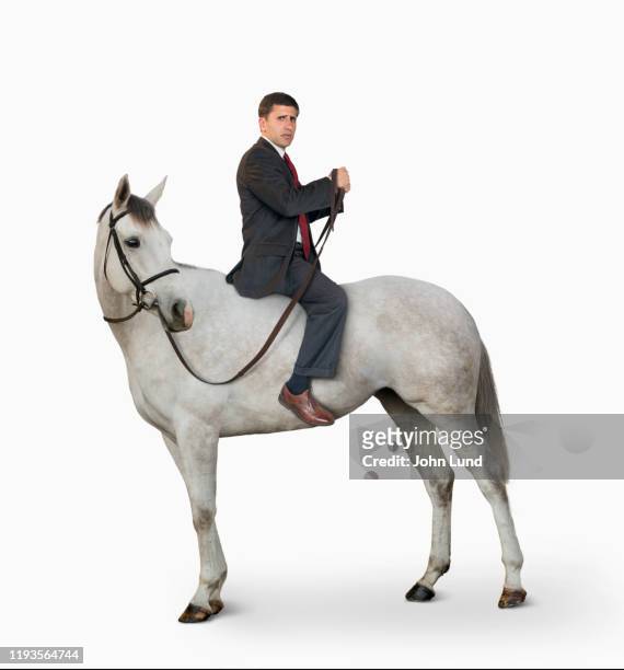 businessman riding a horse backwards - horse isolated stock pictures, royalty-free photos & images
