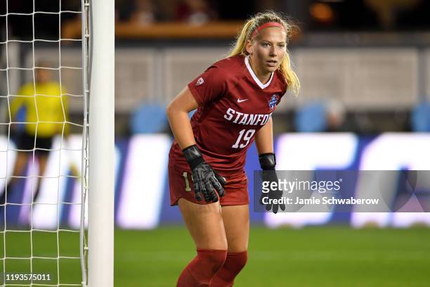 Katie Meyer of the Stanford Cardinal defends the goal against the North Carolina Tar Heels during the Division I Women's Soccer Championship held at...