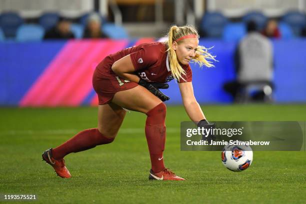 Goalie Katie Meyer of the Stanford Cardinal passes the ball to a teammate against the North Carolina Tar Heels during the Division I Women's Soccer...