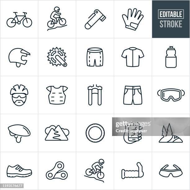 ilustraciones, imágenes clip art, dibujos animados e iconos de stock de iconos de línea fina de ciclismo de montaña - trazo editable - motorcycle helmet