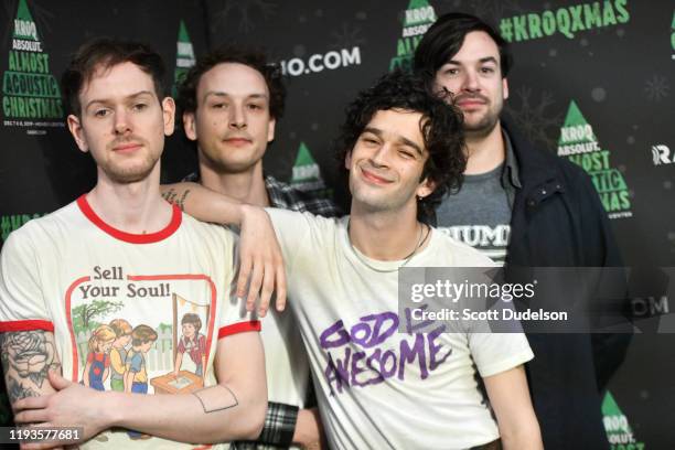 Musicians Adam Hann, George Daniel, Matthew Healy and Ross MacDonald of The 1975 attend the KROQ Absolut Almost Acoustic Christmas 2019 at Honda...