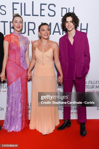 Actors Saoirse Ronan, Florence Pugh and Timothee Chalamet attend the "Little Women" Premiere at Cinema Gaumont Marignan on December 12, 2019 in...