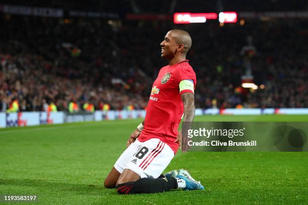 Ashley Young of Manchester United celebrates after scoring his team's first goal during the UEFA Europa League group L match between Manchester...