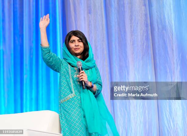 Co-founder of Malala Fund and a Nobel Laureate Malala Yousafzai speaks on stage at Massachusetts Conference For Women 2019 at Boston Convention...