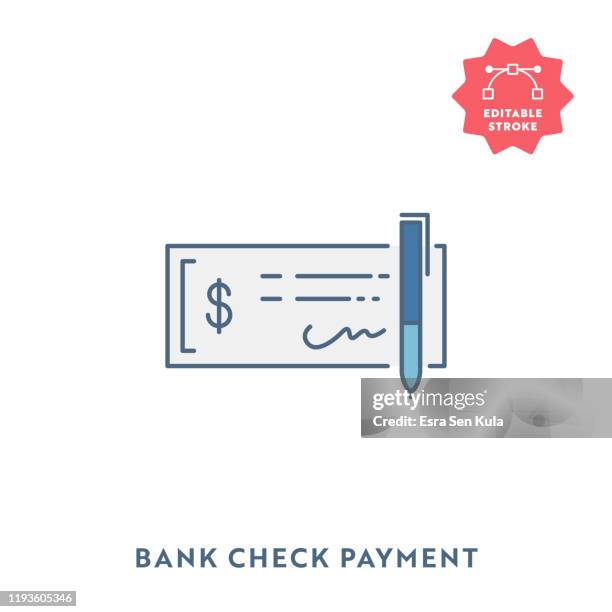 stockillustraties, clipart, cartoons en iconen met bank check plat pictogram met bewerkbare lijn en pixel perfect. - paycheck