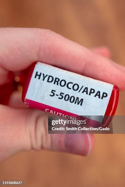 Illustrative image, close-up of hand of a man against a light wooden background holding a bottle of the combination narcotic opioid pain medication...