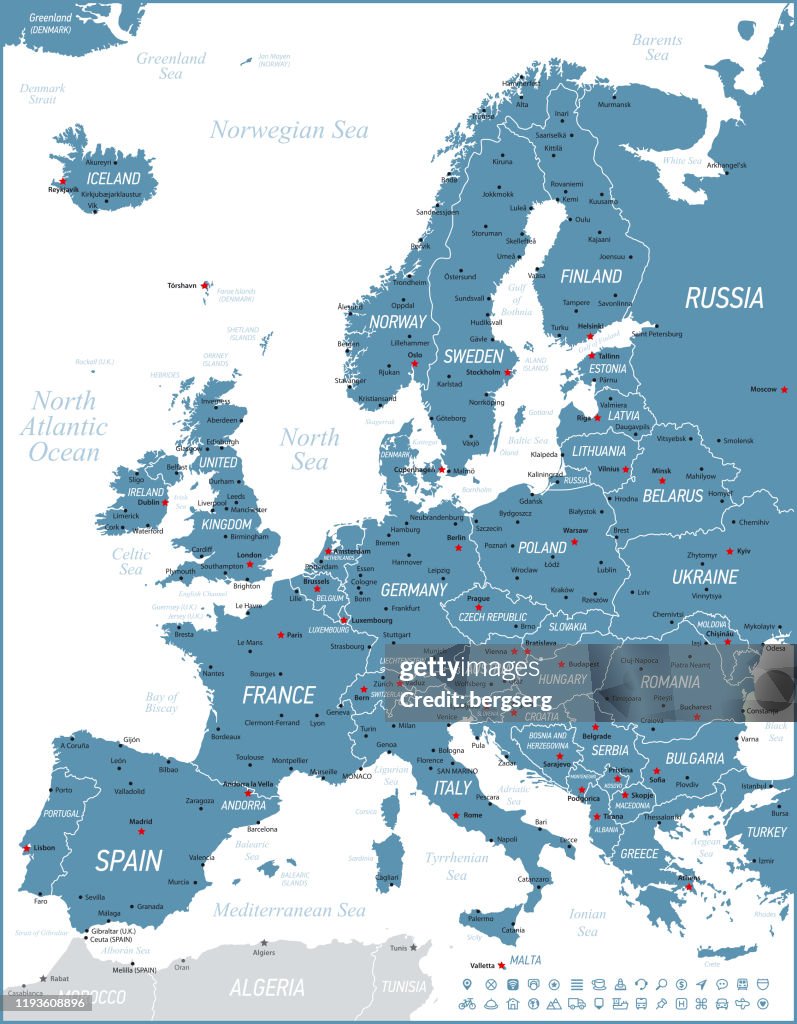 Mapa de Europa con iconos de navegación y Alemania, Bélgica, Portugal, España. Ilustración vectorial