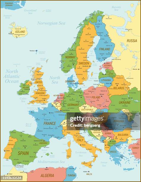 europa karte. vintage karte mit estland, deutschland, spanien, norwegen und flüssen - österreich karte stock-grafiken, -clipart, -cartoons und -symbole