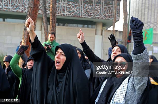 Supporters of the Basij, a militia loyal to the Islamic republic's establishment, chant anti-US slogans during a memorial for the victims of the...