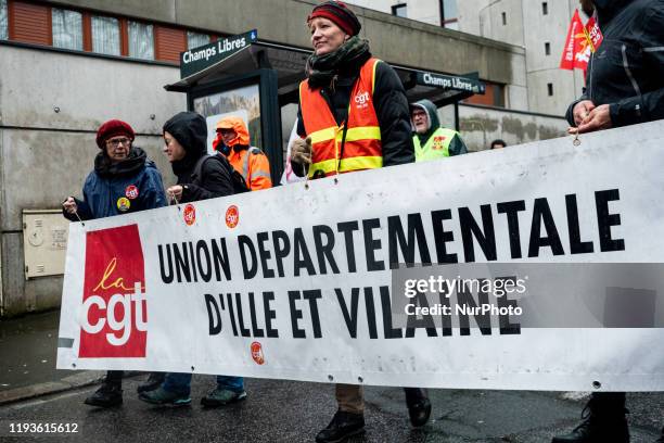 Union member at a Demonstration against retirement reform in Rennes, France on December 14th, 2020. Thousand of workers and union members demonstrate...