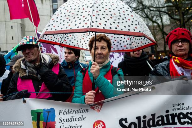 Union member at a Demonstration against retirement reform in Rennes, France on December 14th, 2020. Thousand of workers and union members demonstrate...