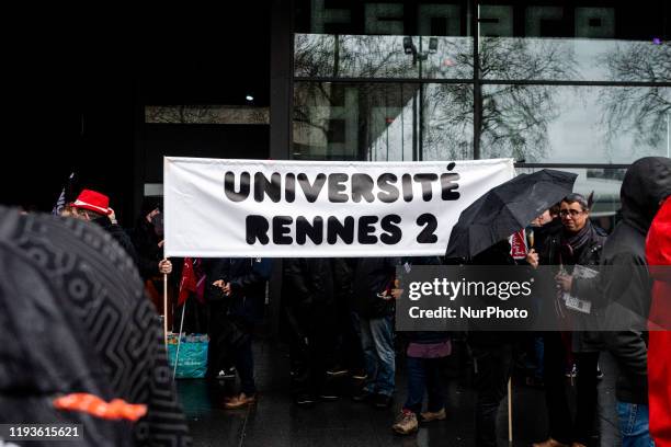 University teachers in strike at a Demonstration against retirement reform in Rennes, France on December 14th, 2020. Thousand of workers and union...