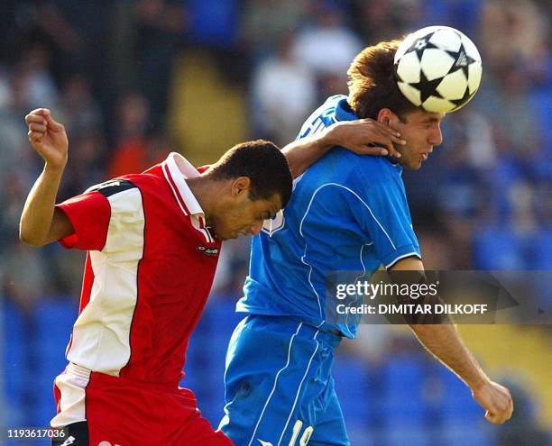 Joao Carlos from CSKA Sofia and Georgi Chilikov from Levski Sofia fight for the ball during their Bulgarian premier league soccer derby in Sofia, 10...