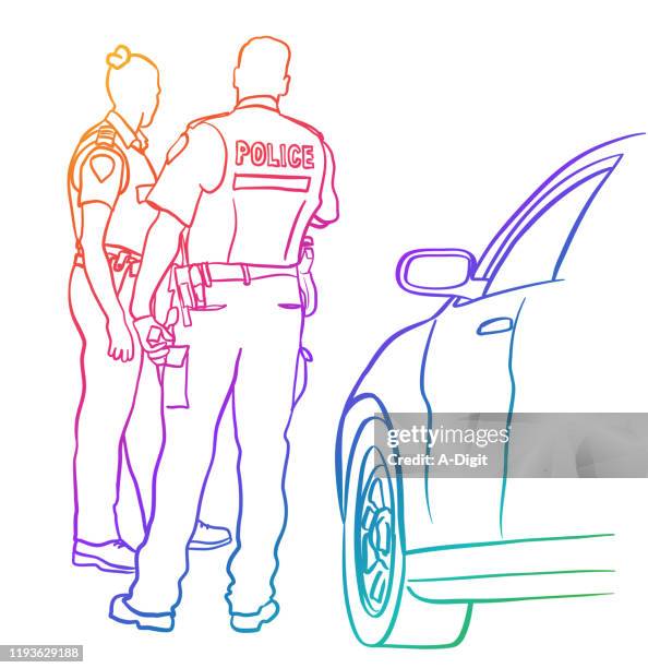 männliche und weibliche polizisten regenbogen - verwarnung wegen verkehrsübertretung stock-grafiken, -clipart, -cartoons und -symbole