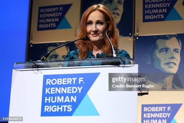 Rowling accepts an award onstage during the Robert F. Kennedy Human Rights Hosts 2019 Ripple Of Hope Gala & Auction In NYC on December 12, 2019 in...
